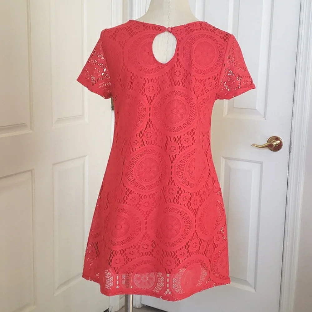 VINTAGE 90's Coral Red Crochet Lace Short Sleeve Shift Dress Tunic SMALL